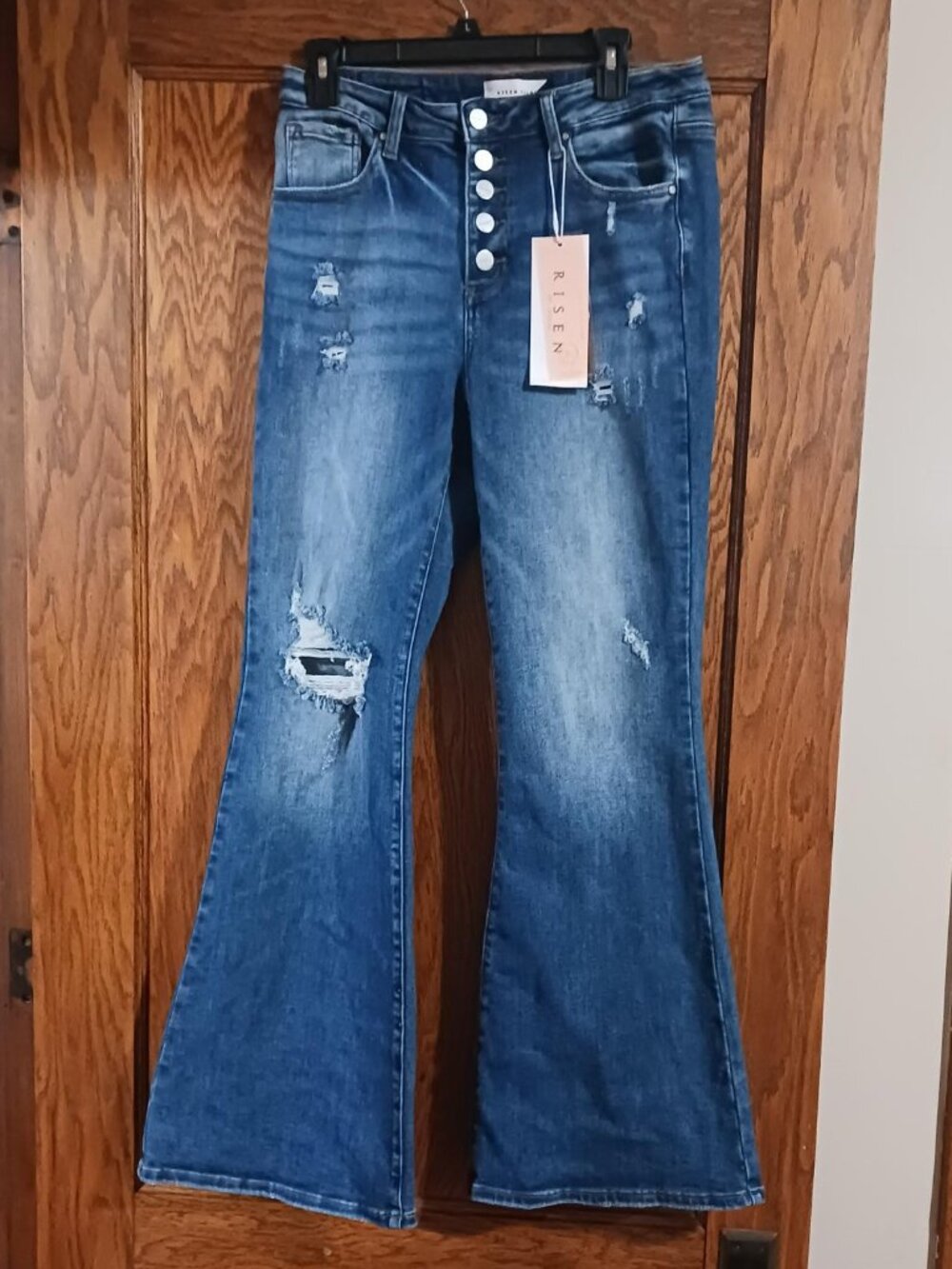 Risen 13/31 Button Fly Distressed High Rise Flare Jean - NEW